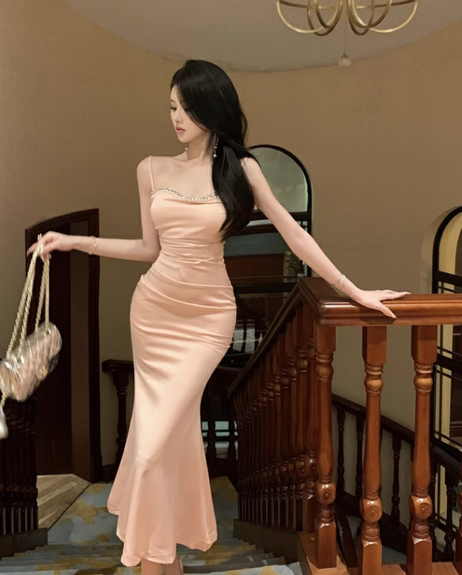 Vintage Pink Mermaid Sequined Design Spaghetti Strap Dress TP3436
