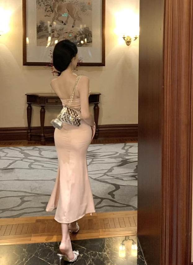 Vintage Pink Mermaid Sequined Design Spaghetti Strap Dress TP3436