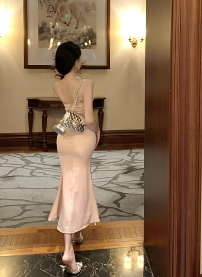 Vintage Pink Mermaid Sequined Design Spaghetti Strap Dress TP3436