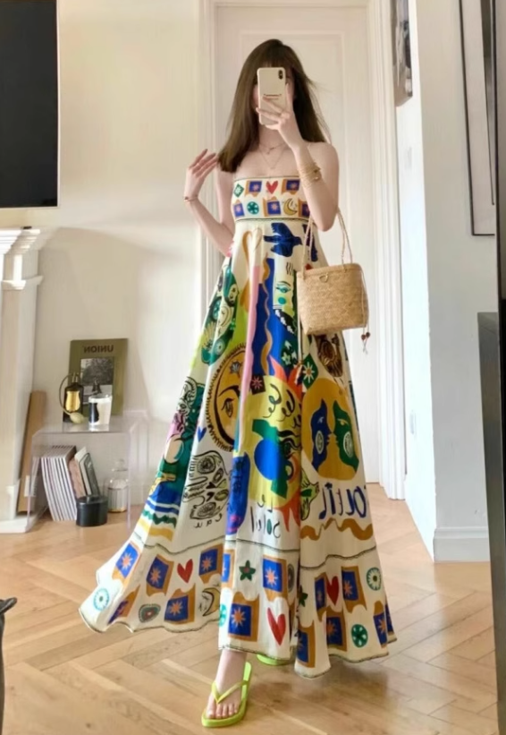 New Fashion Colorful Print Design Beach Holiday Spaghetti Strap Dress TP3437