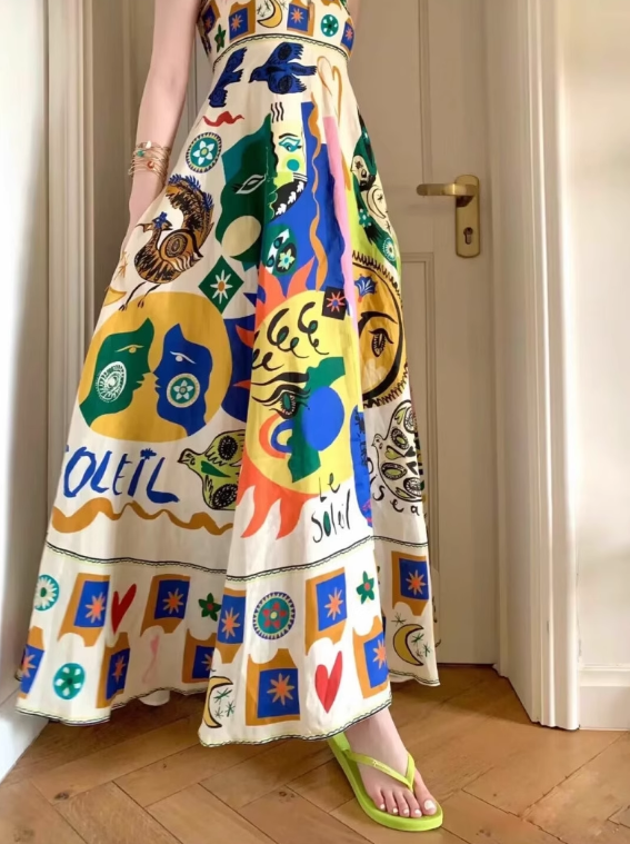 New Fashion Colorful Print Design Beach Holiday Spaghetti Strap Dress TP3437