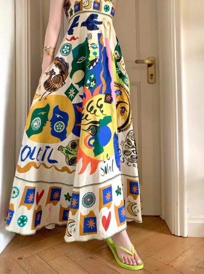 New Fashion Colorful Print Design Beach Holiday Spaghetti Strap Dress TP3437