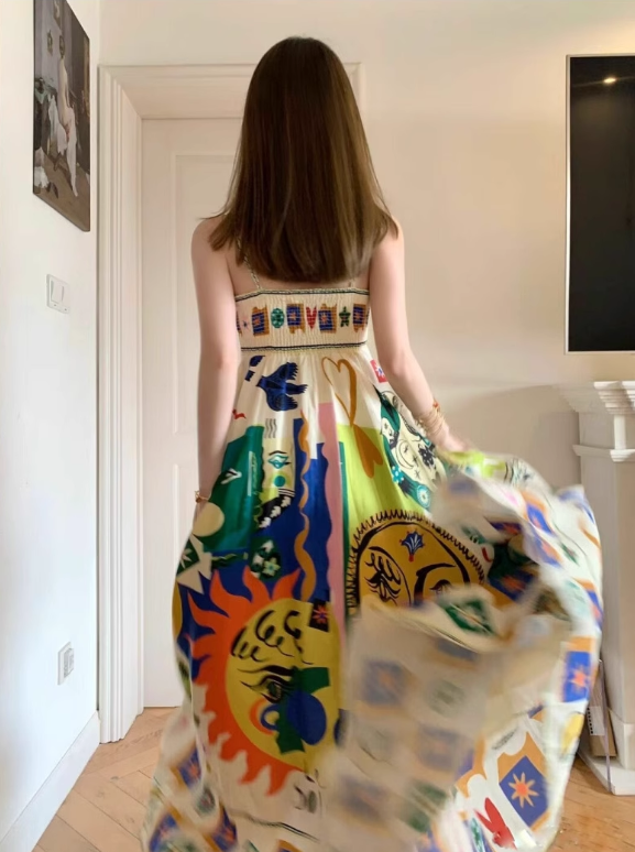 New Fashion Colorful Print Design Beach Holiday Spaghetti Strap Dress TP3437