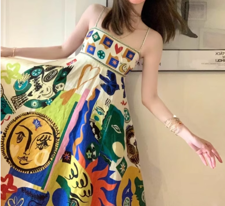 New Fashion Colorful Print Design Beach Holiday Spaghetti Strap Dress TP3437