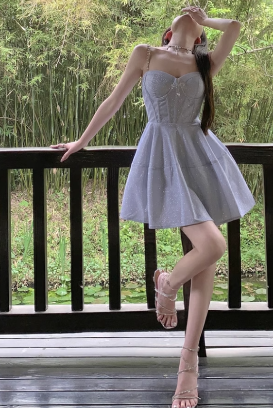 New Fashion Light Blue Sequined Design A-line Sleeveless Beach Holiday Spaghetti Strap Dress TP3439