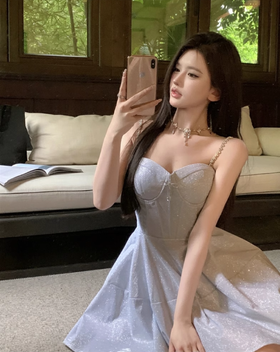 New Fashion Light Blue Sequined Design A-line Sleeveless Beach Holiday Spaghetti Strap Dress TP3439