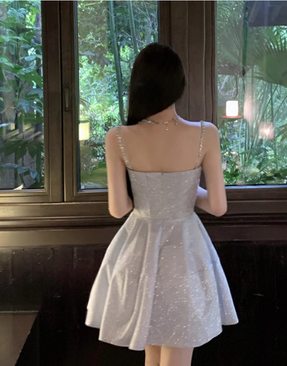 New Fashion Light Blue Sequined Design A-line Sleeveless Beach Holiday Spaghetti Strap Dress TP3439