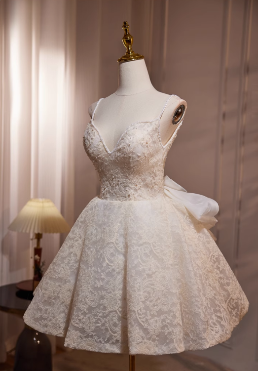 Elegant Beige Embroidery Design A-line Bow Spaghetti Strap Short Homecoming Dress TP3461