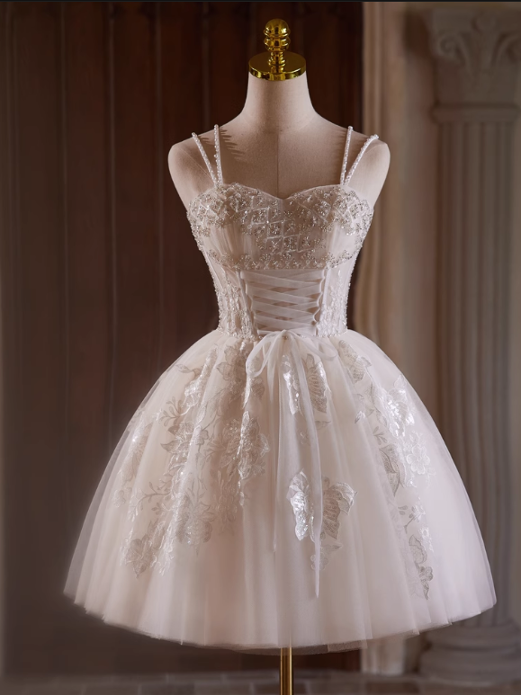 Elegant Beige Embroidery Beaded Design A-line Spaghetti Strap Short Homecoming Dress TP3464
