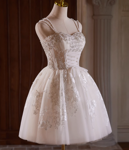 Elegant Beige Embroidery Beaded Design A-line Spaghetti Strap Short Homecoming Dress TP3464