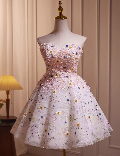Charming Floral Embroidery Sequined Design Sleeveless Strapless Homecoming Dress TP3471