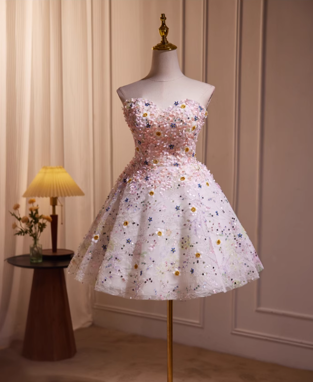 Charming Floral Embroidery Sequined Design Sleeveless Strapless Homecoming Dress TP3471
