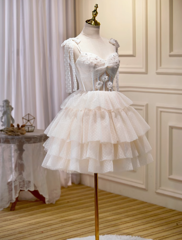 Charming Beige Lace Ribbon Design Elegant Mesh Sleeveless Strapless Homecoming Dress TP3483