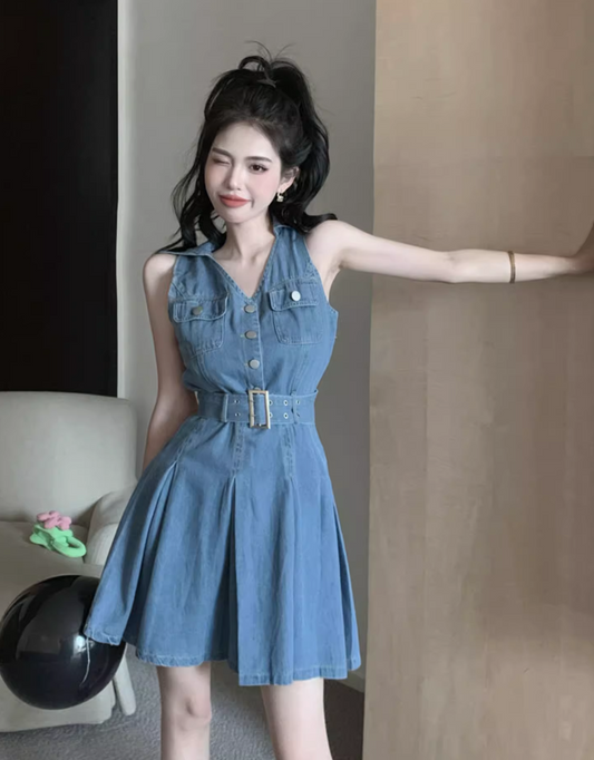 New Fashion Blue Belt Design A-line V-neck Sleeveless Denim Dress TP3499