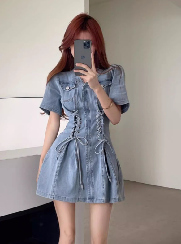 New Fashion Blue Design A-line V-neck Short Sleeves Denim Dress TP3500