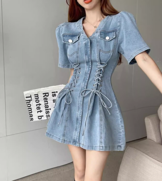 New Fashion Blue Design A-line V-neck Short Sleeves Denim Dress TP3500