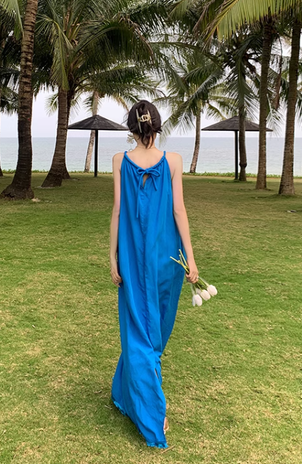 New Fashion Navy Blue Sleeveless Design A-line Beach Holiday Halter Dress TP3517
