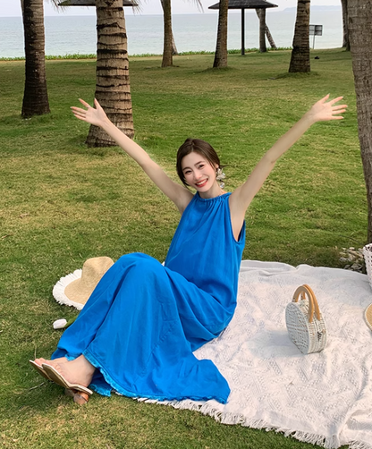 New Fashion Navy Blue Sleeveless Design A-line Beach Holiday Halter Dress TP3517