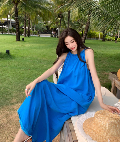New Fashion Navy Blue Sleeveless Design A-line Beach Holiday Halter Dress TP3517