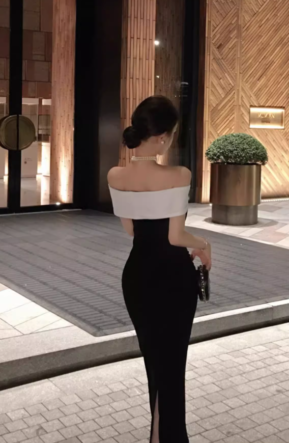 Vintage Black & White Combination Design A-line Off-the-shoulder Women Dress TP3519