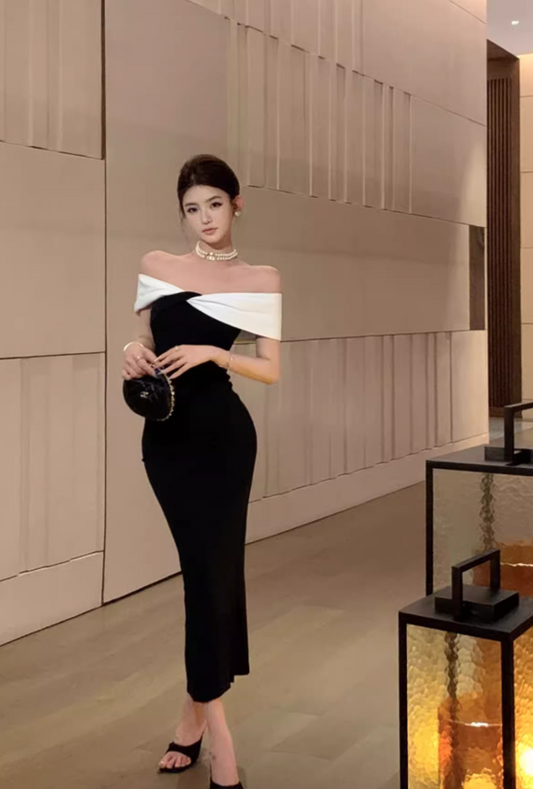 Vintage Black & White Combination Design A-line Off-the-shoulder Women Dress TP3519