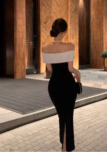 Vintage Black & White Combination Design A-line Off-the-shoulder Women Dress TP3519