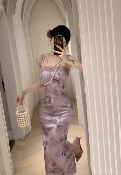 Vintage Purple Floral Design Satin A-line Spaghetti Strap Dress TP3520