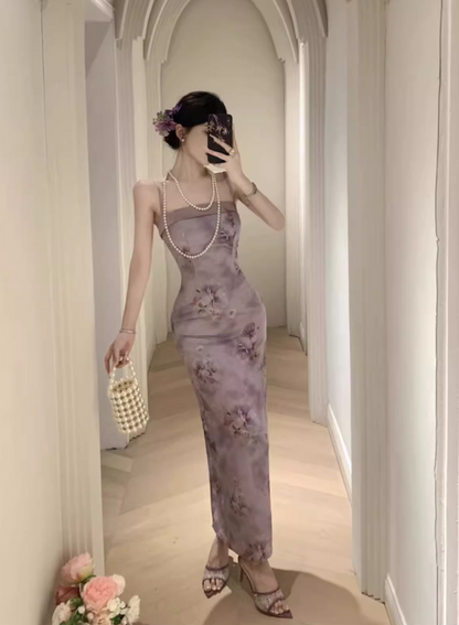 Vintage Purple Floral Design Satin A-line Spaghetti Strap Dress TP3520