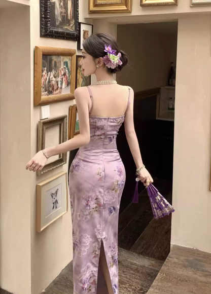 Vintage Purple Floral Design Satin A-line Spaghetti Strap Dress TP3520