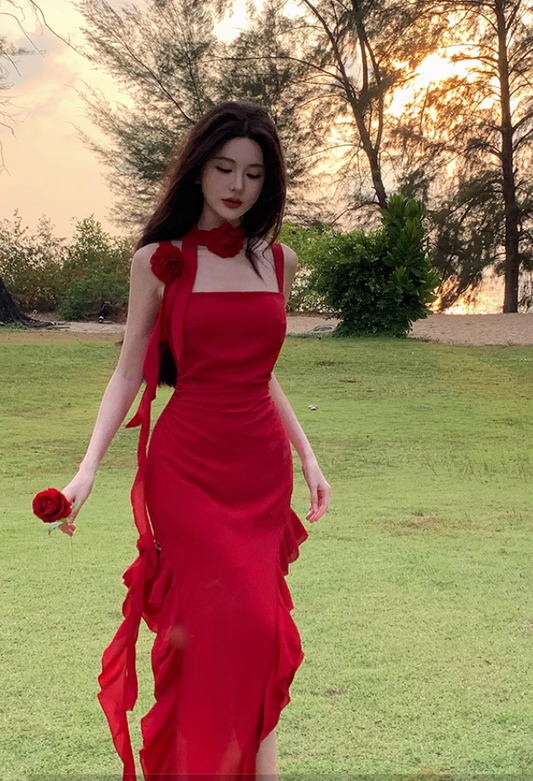 Vintage Red 3D Flower Irregular Hem Design Chiffon A-line Spaghetti Strap Dress TP3521