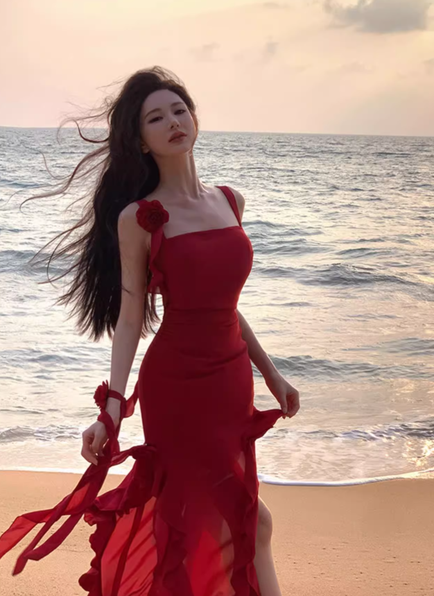 Vintage Red 3D Flower Irregular Hem Design Chiffon A-line Spaghetti Strap Dress TP3521