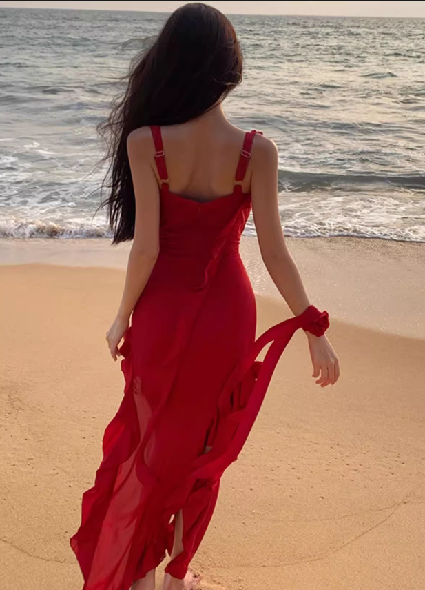 Vintage Red 3D Flower Irregular Hem Design Chiffon A-line Spaghetti Strap Dress TP3521