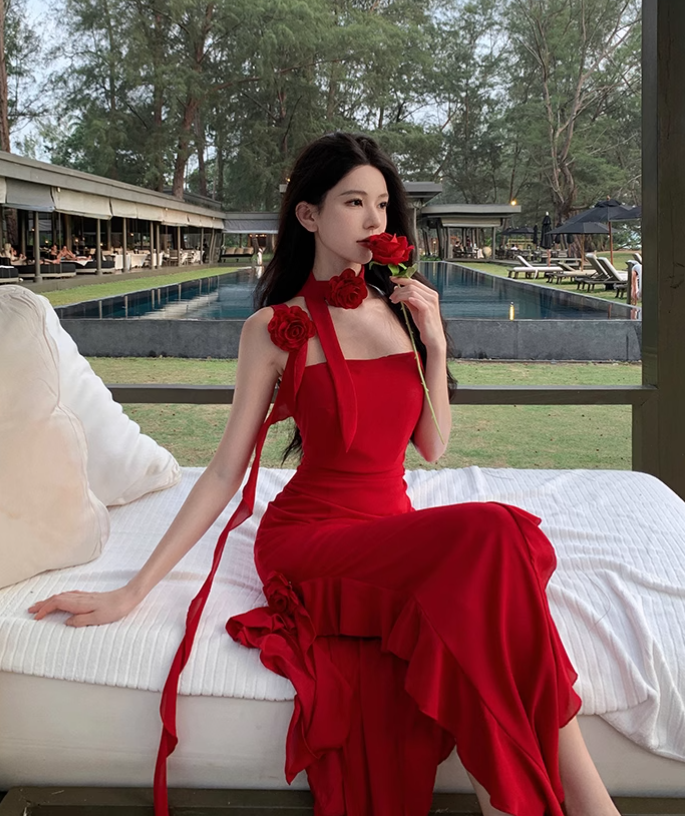 Vintage Red 3D Flower Irregular Hem Design Chiffon A-line Spaghetti Strap Dress TP3521