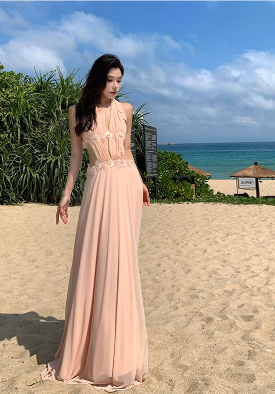 Simple Fashion Handmade Flower Splicing Design A-line V-neck Halter Dress TP3522