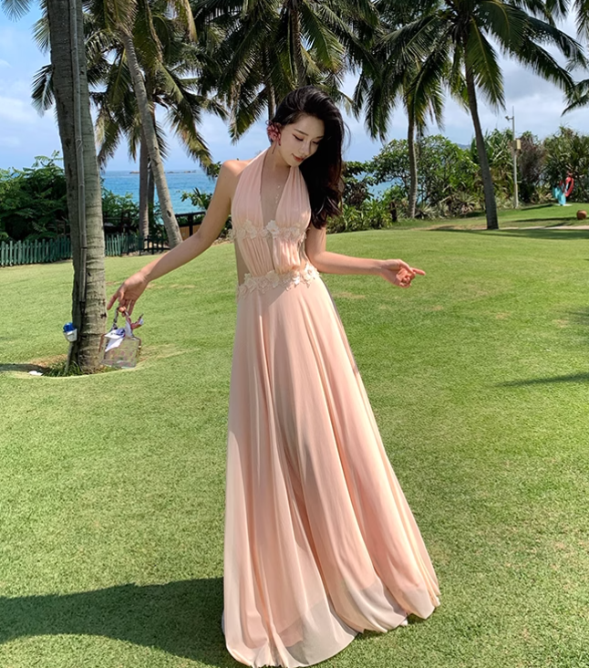 Simple Fashion Handmade Flower Splicing Design A-line V-neck Halter Dress TP3522