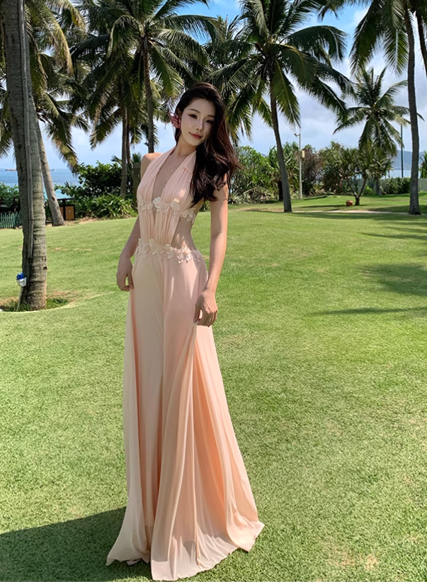 Simple Fashion Handmade Flower Splicing Design A-line V-neck Halter Dress TP3522