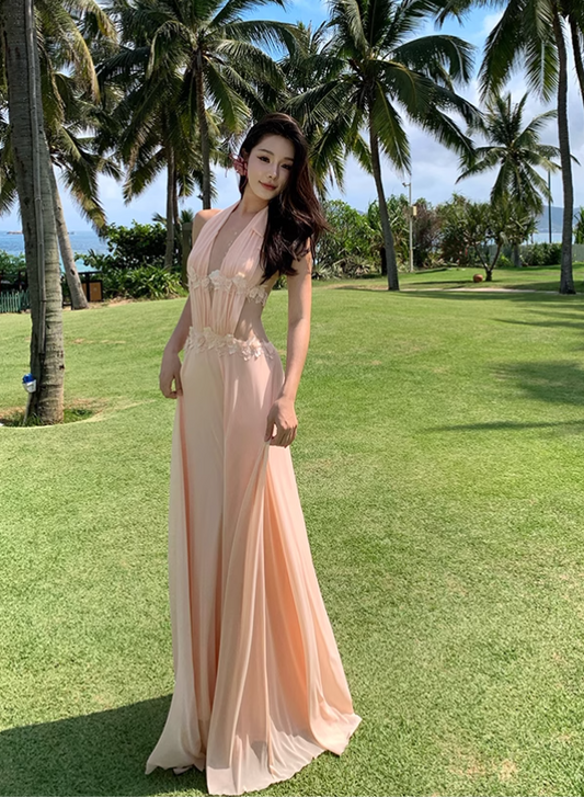 Simple Fashion Handmade Flower Splicing Design A-line V-neck Halter Dress TP3522
