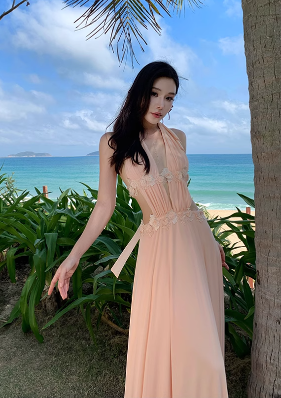 Simple Fashion Handmade Flower Splicing Design A-line V-neck Halter Dress TP3522