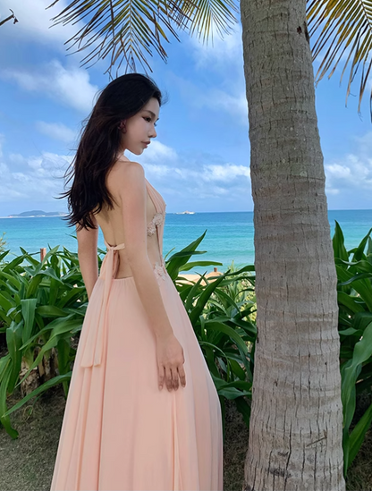 Simple Fashion Handmade Flower Splicing Design A-line V-neck Halter Dress TP3522