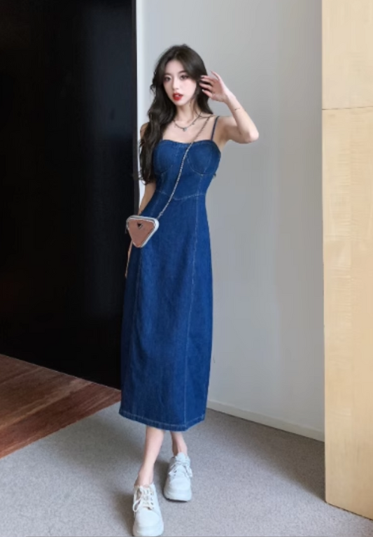 Simple Fashion Navy Blue Design A-line Spaghetti Strap Denim Dress TP3524