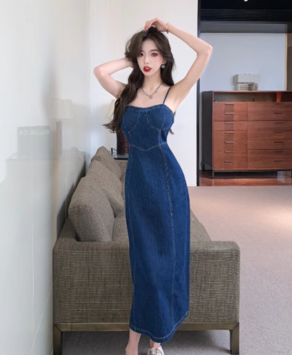 Simple Fashion Navy Blue Design A-line Spaghetti Strap Denim Dress TP3524