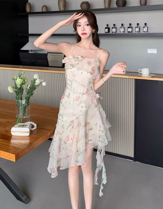 New Fashion Floral Irregular Ruffled Hem Design Elegant A-line Spaghetti Strap Dress TP3527