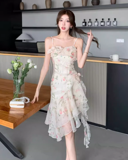 New Fashion Floral Irregular Ruffled Hem Design Elegant A-line Spaghetti Strap Dress TP3527