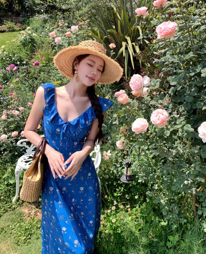 New Fashion Navy Blue Floral Design Elegant Beach Holiday A-line Sleeveless Women Dress TP3528