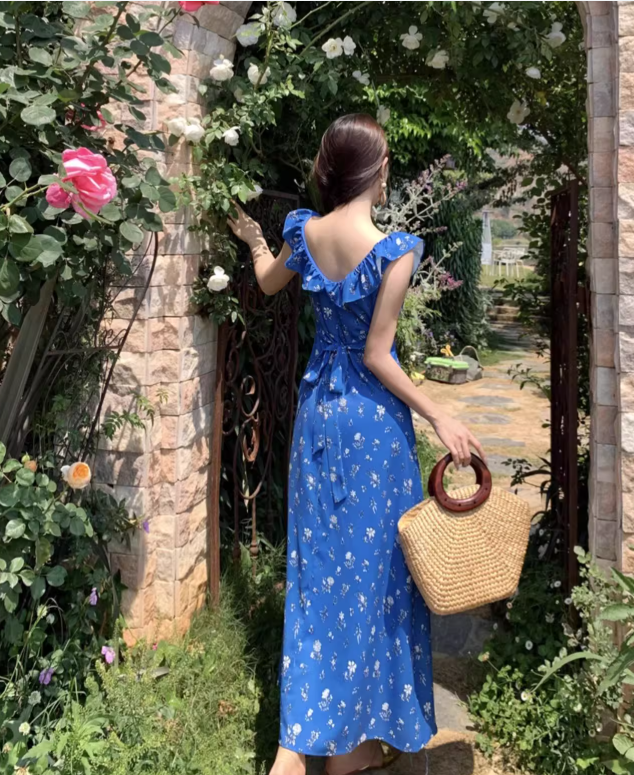 New Fashion Navy Blue Floral Design Elegant Beach Holiday A-line Sleeveless Women Dress TP3528