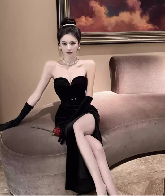Simple Fashion Black Sleeveless Split Design Prom Dress Elegant A-line Strapless Dress TP3530