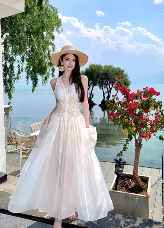 Simple Fashion White Sleeveless See-through Design Elegant A-line Vest Dress TP3531