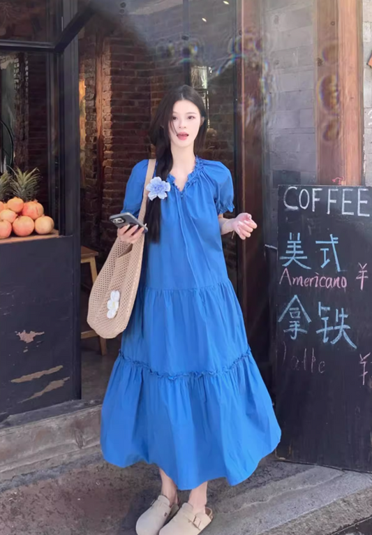 Simple Fashion Navy Blue Loose-fitting Design A-line Short-sleeved Dress TP3532