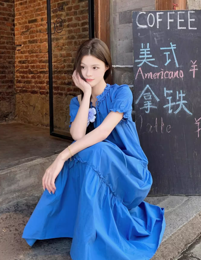 Simple Fashion Navy Blue Loose-fitting Design A-line Short-sleeved Dress TP3532