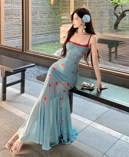 New Fashion Blue Mermaid Floral Design A-line Spaghetti Strap Dress TP3533